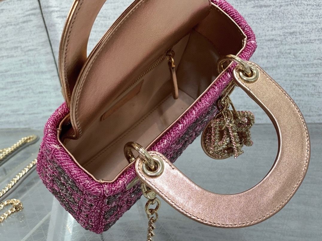 D10r Lady D10r Mini Chain Bag Fake in Satin with Pink Resin Pearl Embroidery