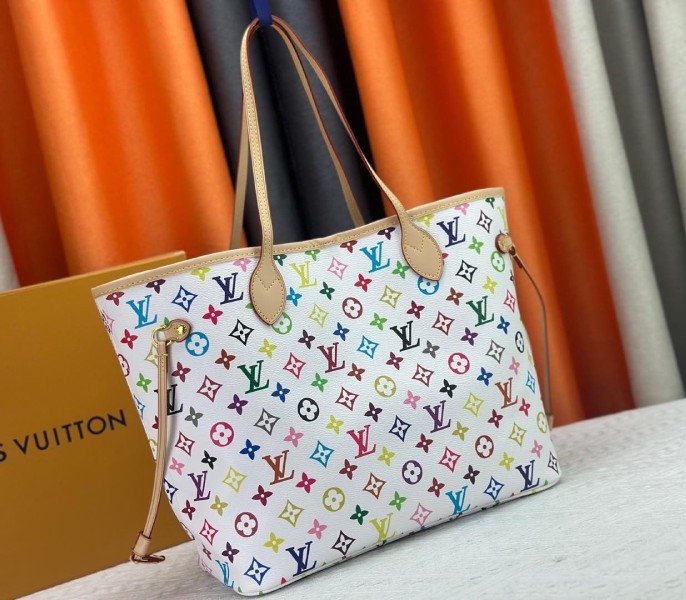LV X TM Multicolored Neverfull MM In White