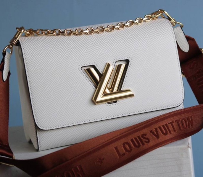 L0vis Vvtt0n Epi Leather Twist MM Bag In Optic White With Jacquard Strap
