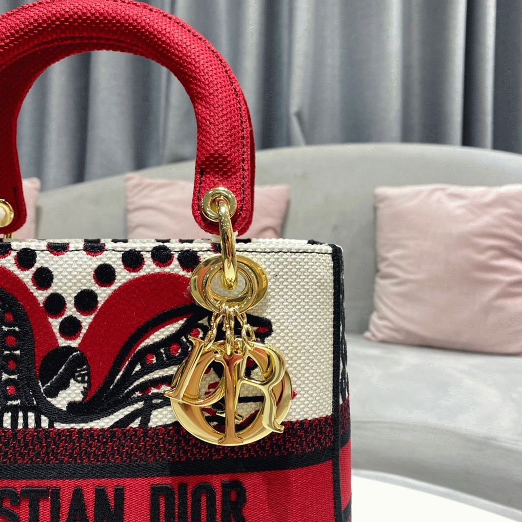 D10r Lady D-Lite Medium Bag Replica in White Multicolor Cupidon Embroidery