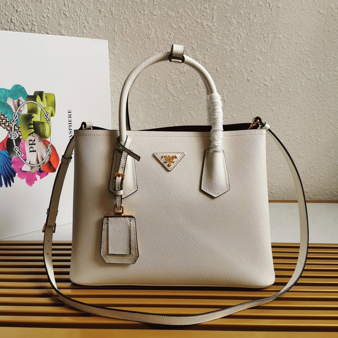 White Pra*a Double Medium Tote Bag Knockoff