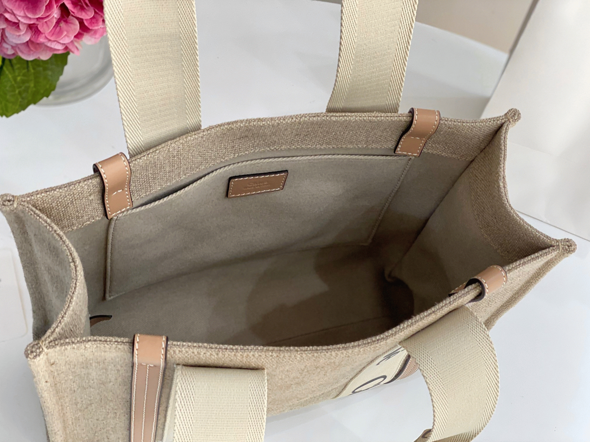 top quality fake Ch10e woody medium tote bag in linen canvas with beige leather