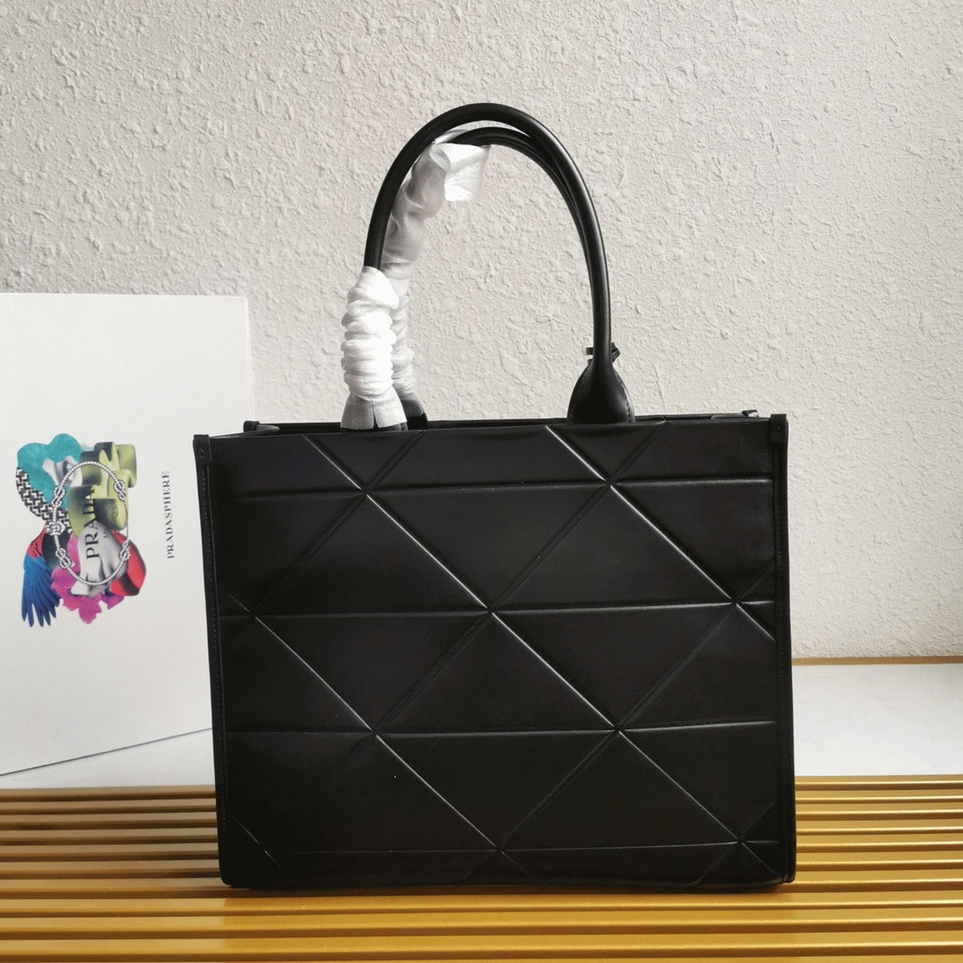 Pra*a Symbole Medium Bag Replica with Topstitching in Black