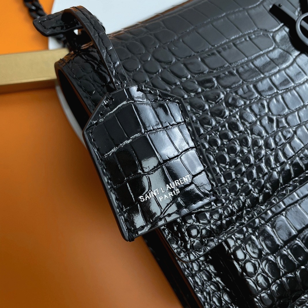 Fake Sa1nt Lau*nt Sunset Medium All Black Chain Bag Crocodile-embossed Leather