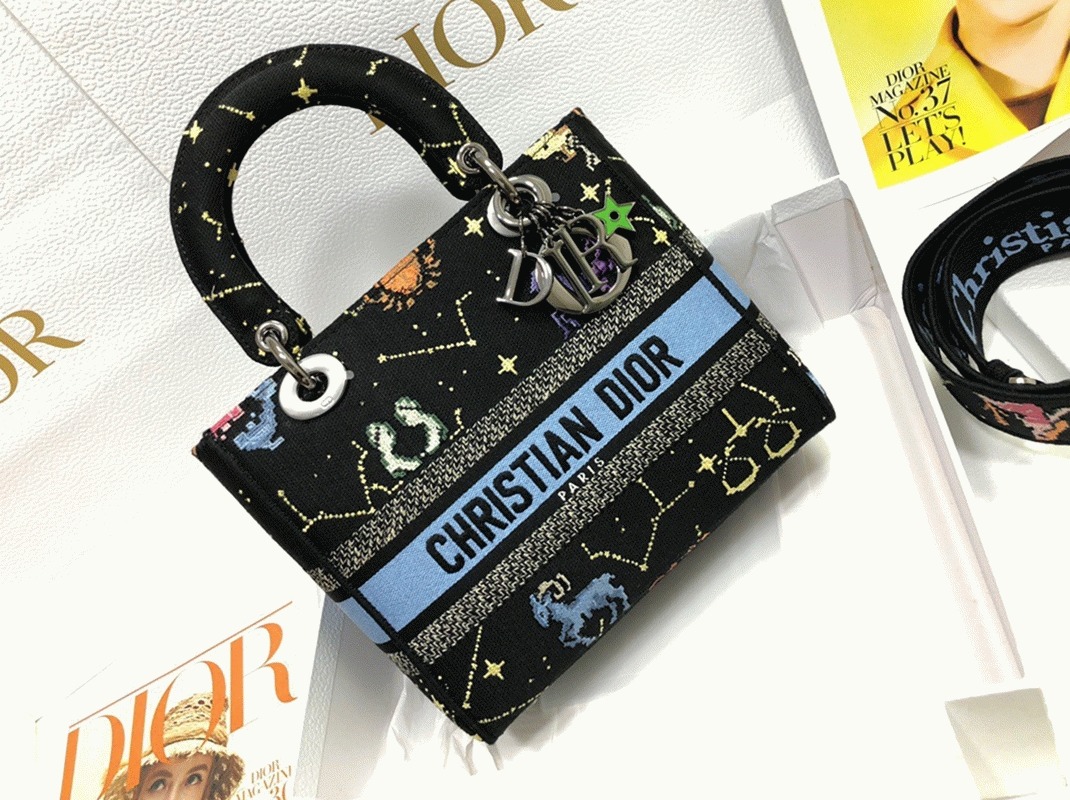 D10r Lady D-Lite Medium Bag Faux in Black Pixel Zodiac Embroidery