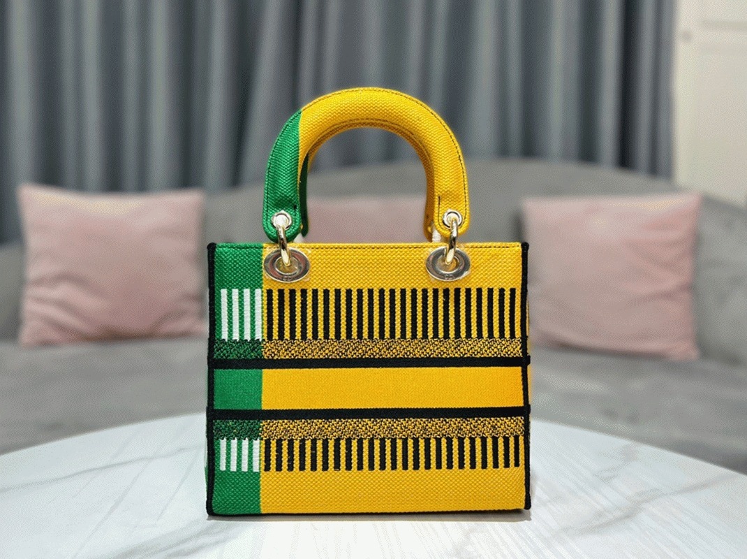 D10r Lady D-Lite Medium Bag Fake in Yellow   Green D-Flower Pop Embroidery
