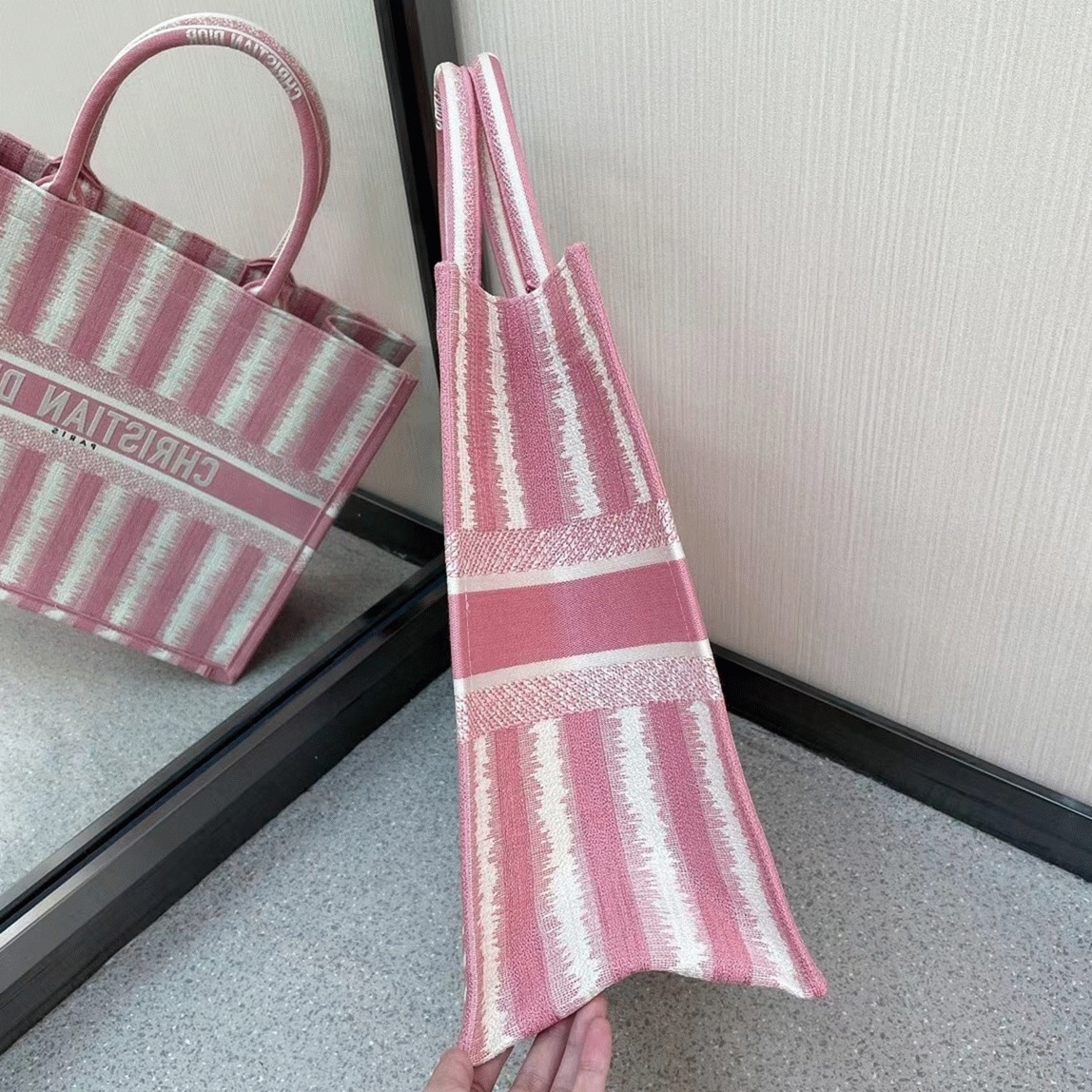 D10r Large Book Tote Bag Replica in Pink Stripes Embroidery