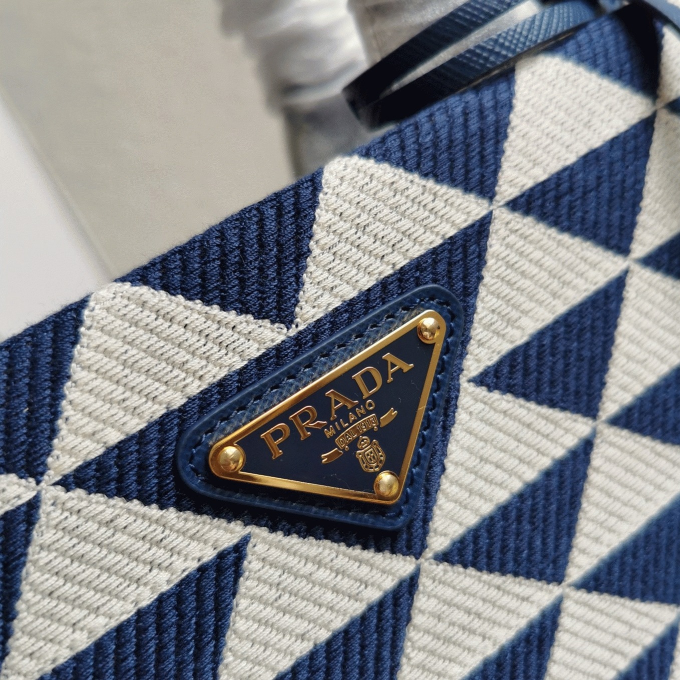 Pra*a Symbole Small Bag Knockoff in White/Blue Jacquard Fabric