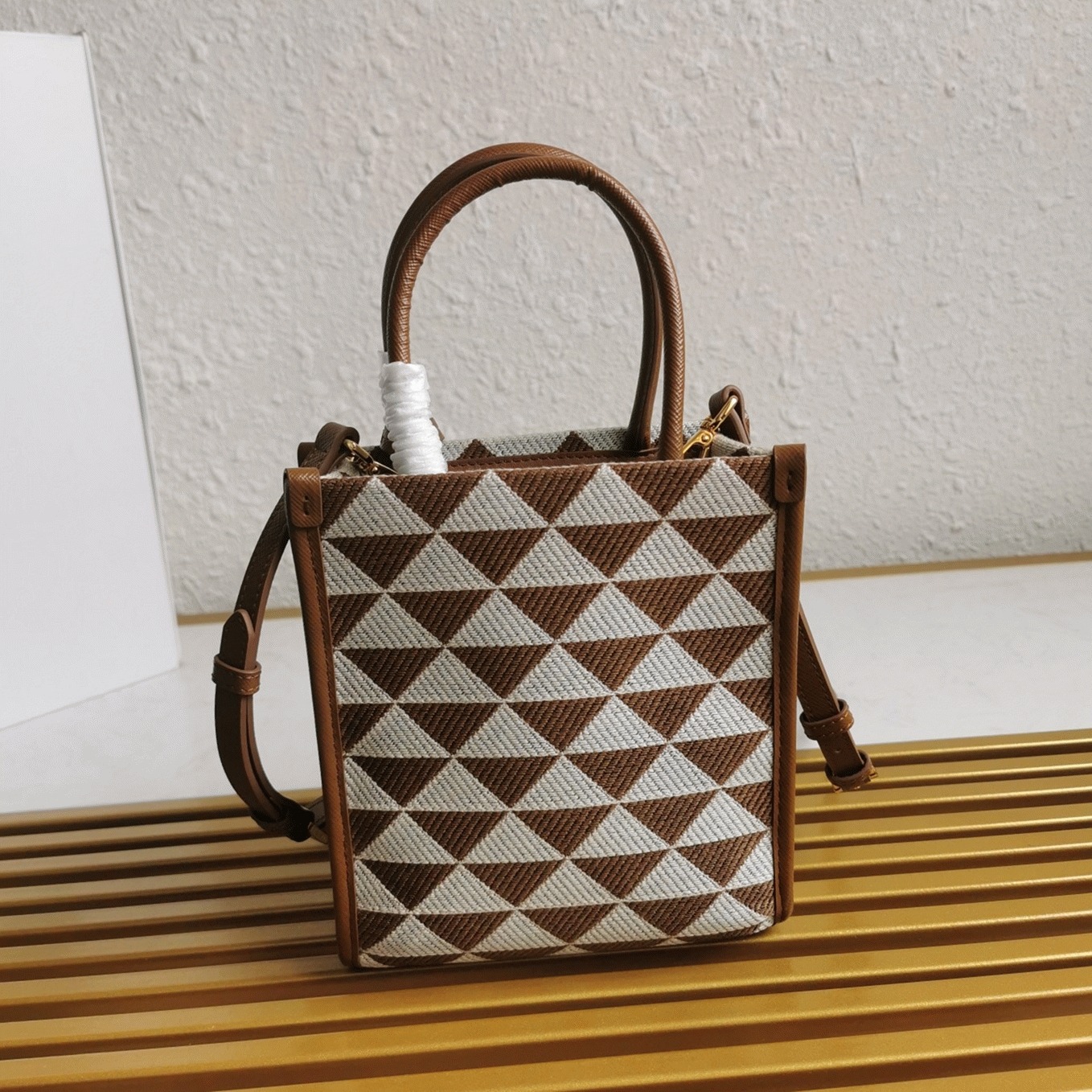 Pra*a Symbole Micro Bag Replica in White/Brown Jacquard Fabric