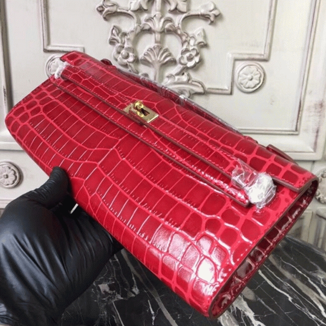 Red Crocodile Copy H**me5 Kelly Cut Clutch Exotic Luxury Bag