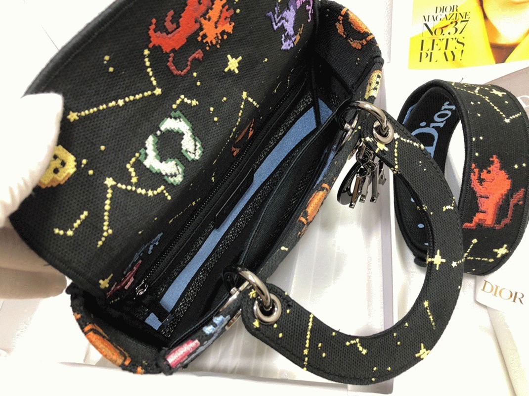 D10r Lady D-Lite Medium Bag Faux in Black Pixel Zodiac Embroidery