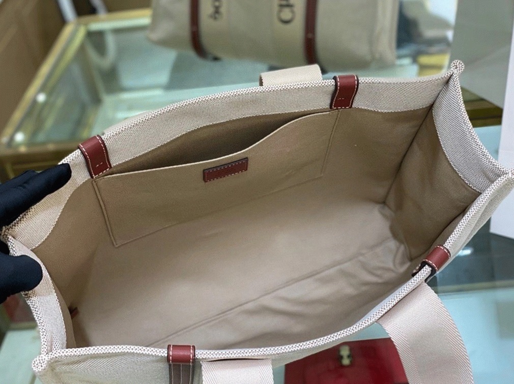 top quality imitation Ch10e large woody tote bag in canvas with brown leather strips