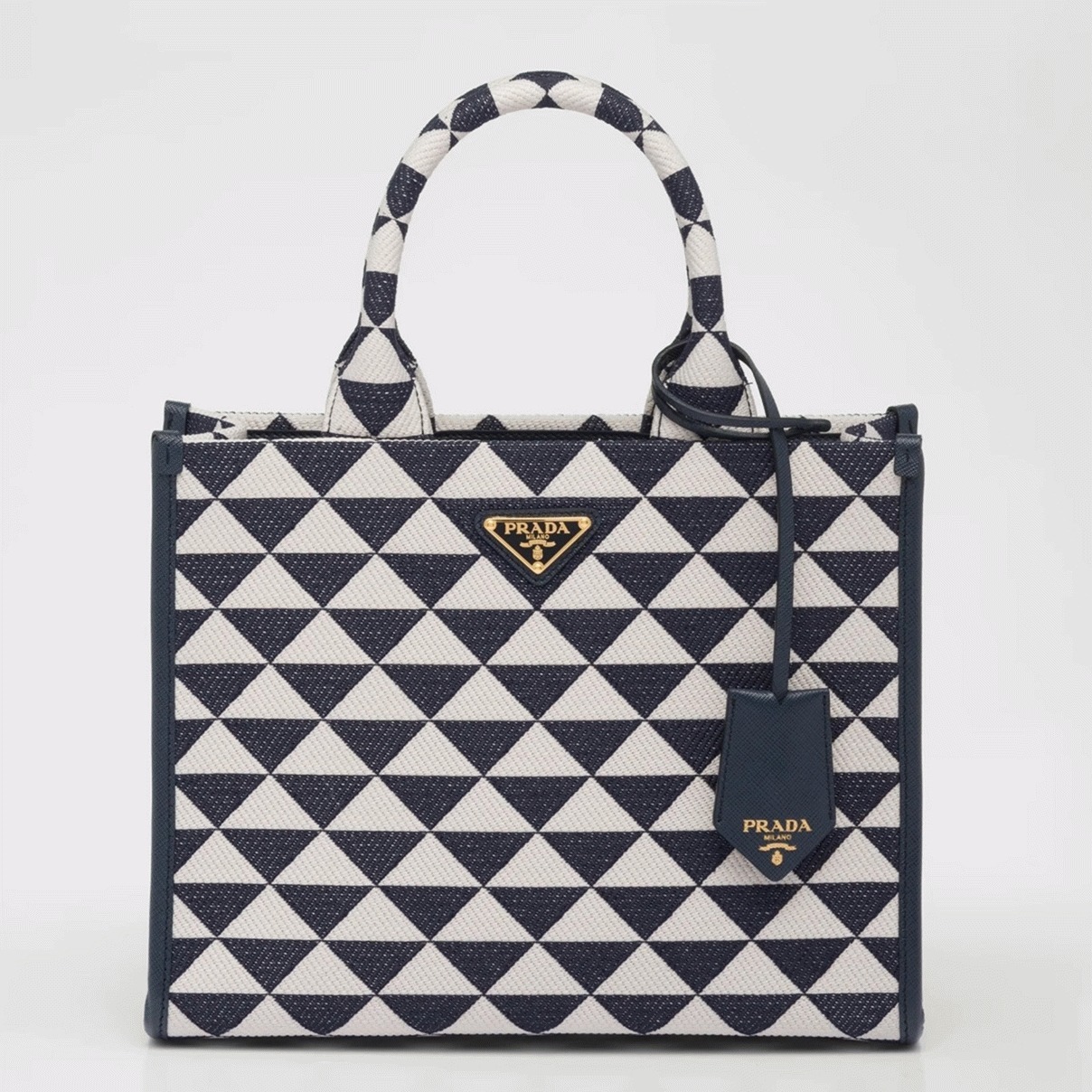 Pra*a Symbole Small Bag Knockoff in White/Blue Jacquard Fabric