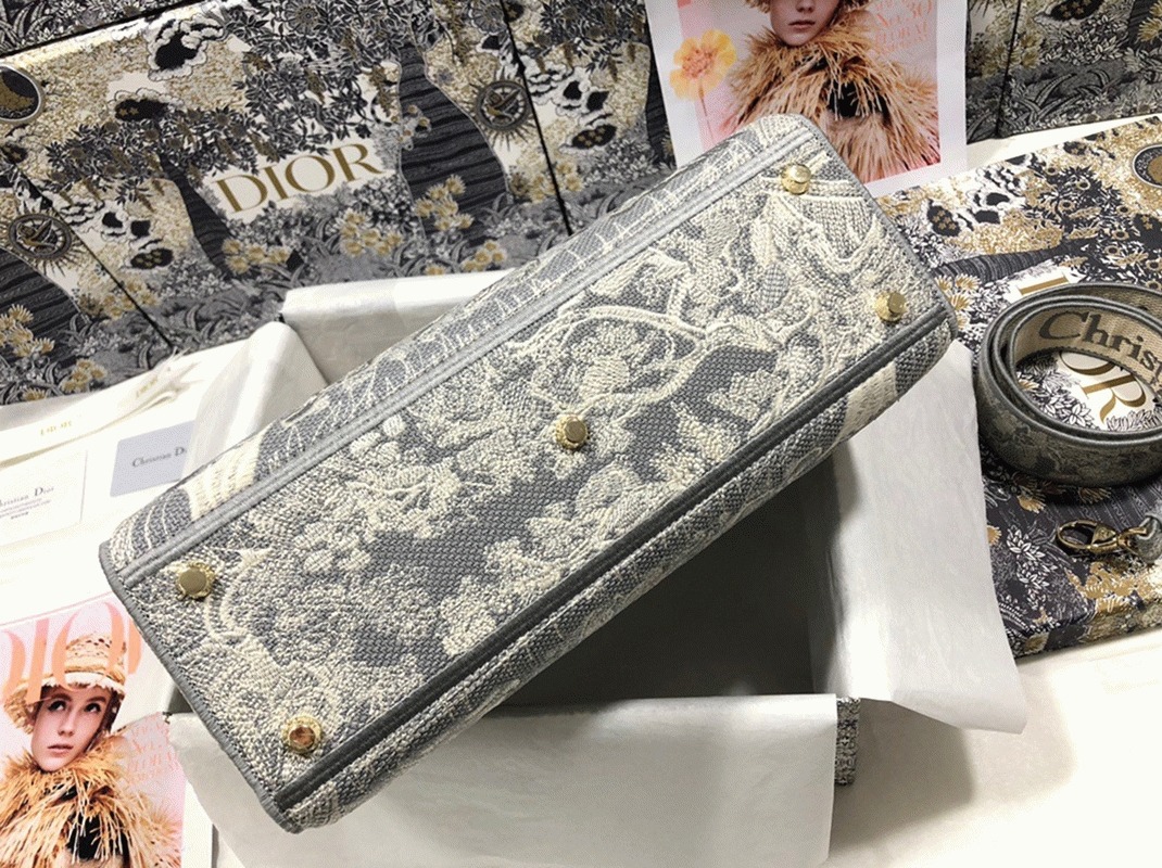 D10r Lady D-Lite Large Bag in Gray Toile de Jouy Reverse Embroidery