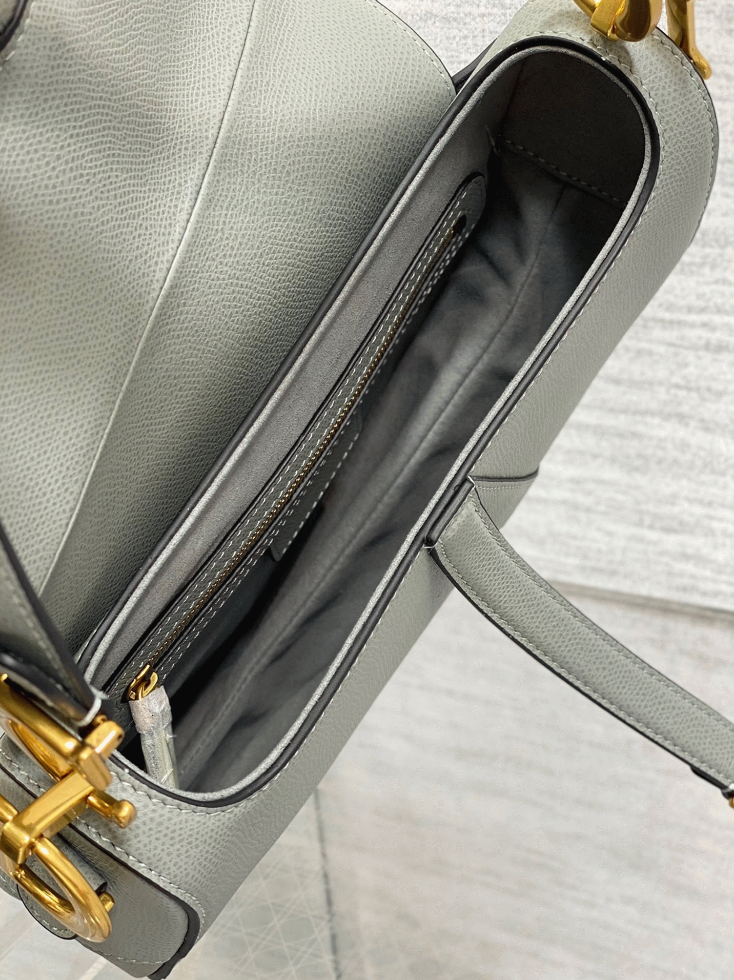 D10r Saddle Bag with Strap Fake in Grey Stone Grained Calfskin