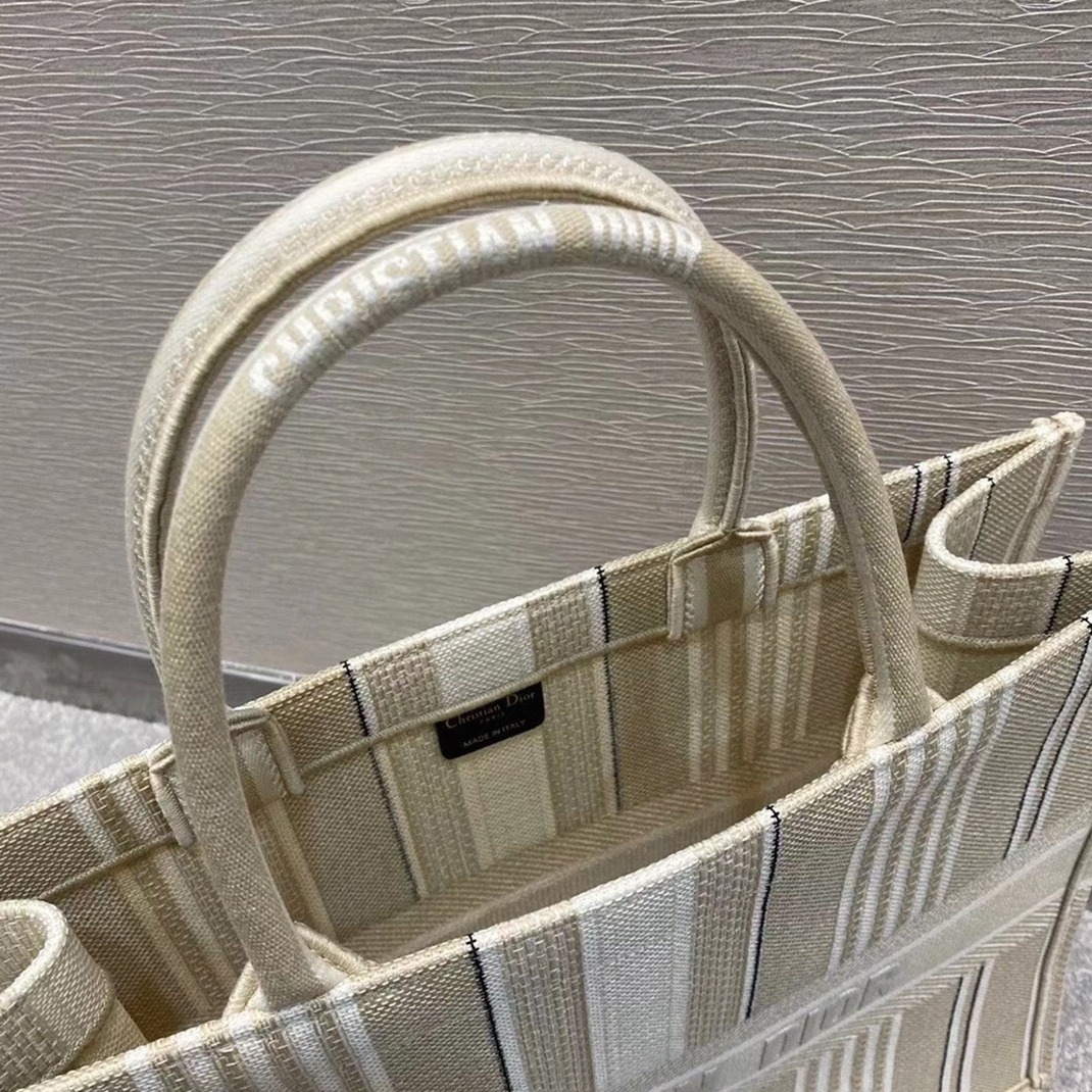 D10r Large Book Tote Bag Replica in Beige Stripes Embroidery