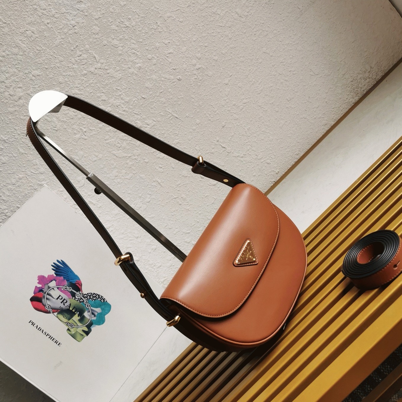 Pra*a Arque Shoulder Bag with Flap Fake in Brown