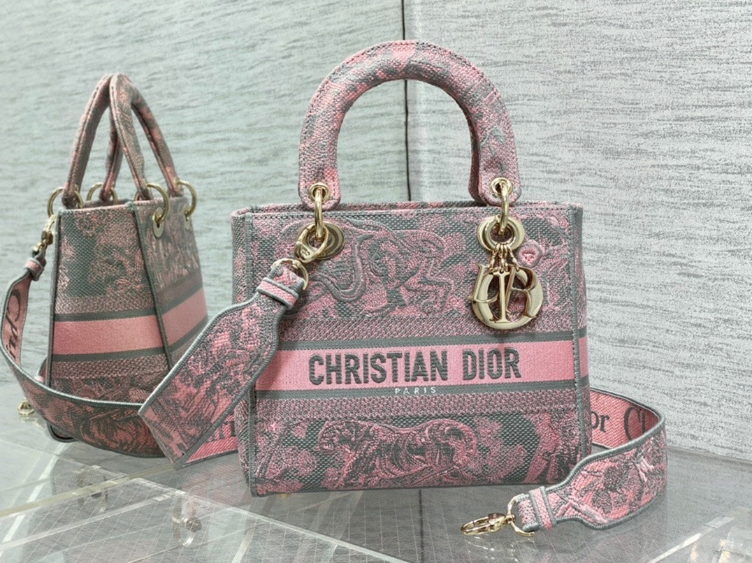D10r Lady D-Lite Medium Bag Knockoff in Grey and Pink Toile de Jouy Reverse Embroidery
