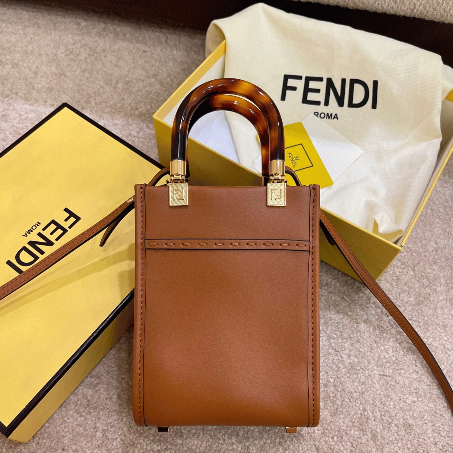 Top Quality Fake F**di Mini Sunshine Shopper Bag In Brown Leather