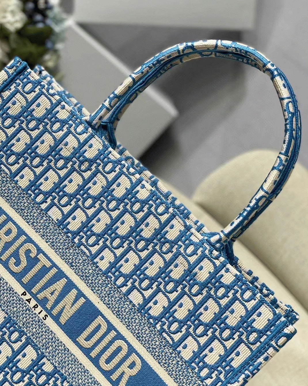 D10r Medium Book Tote Bag Knockoff in Blue Oblique Embroidery
