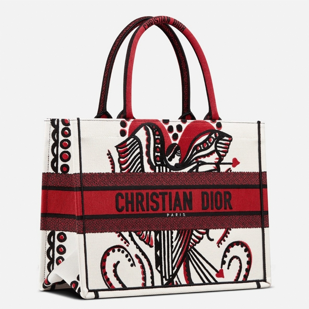 D10r Medium Book Tote Bag Fake in Latte Multicolor Cupidon Embroidery