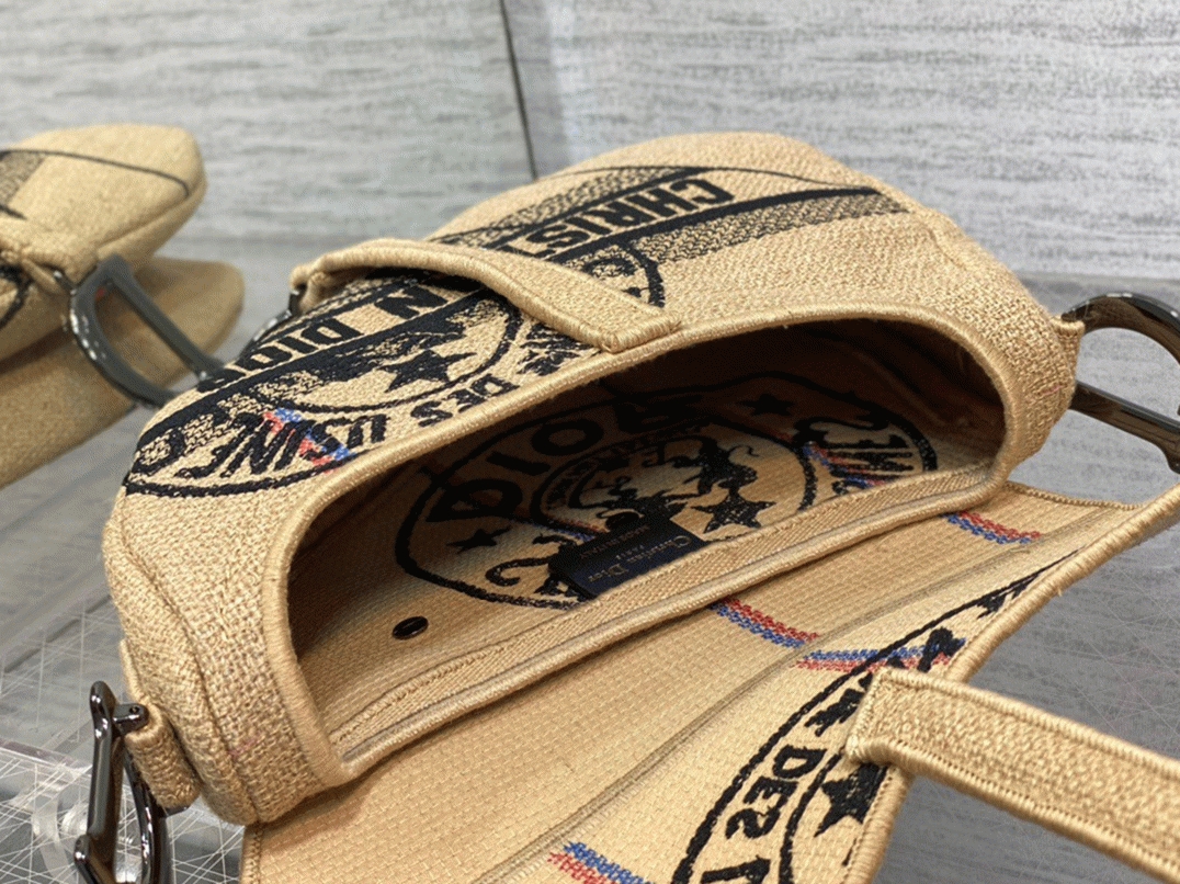 D10r Saddle Bag Knockoff in Beige Jute Canvas with D10r Union Motif