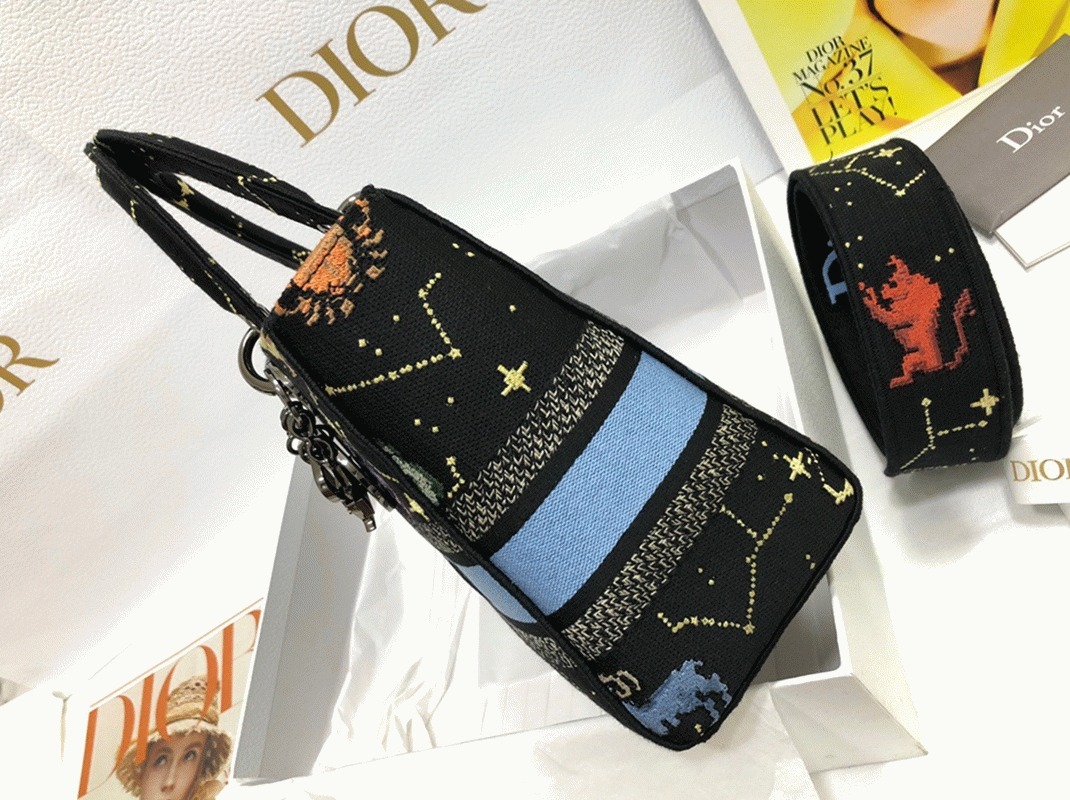 D10r Lady D-Lite Medium Bag Faux in Black Pixel Zodiac Embroidery