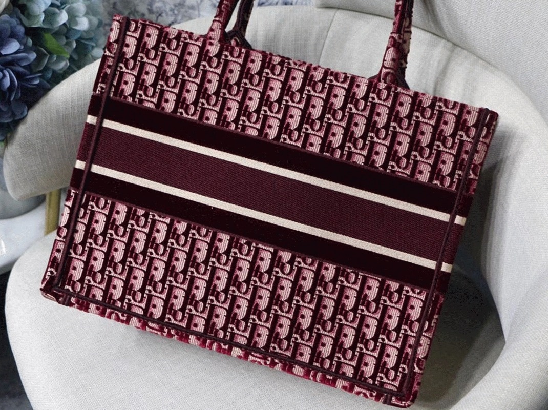 D10r Medium Book Tote Bag Replica in Bordeaux Velvet Oblique Embroidered
