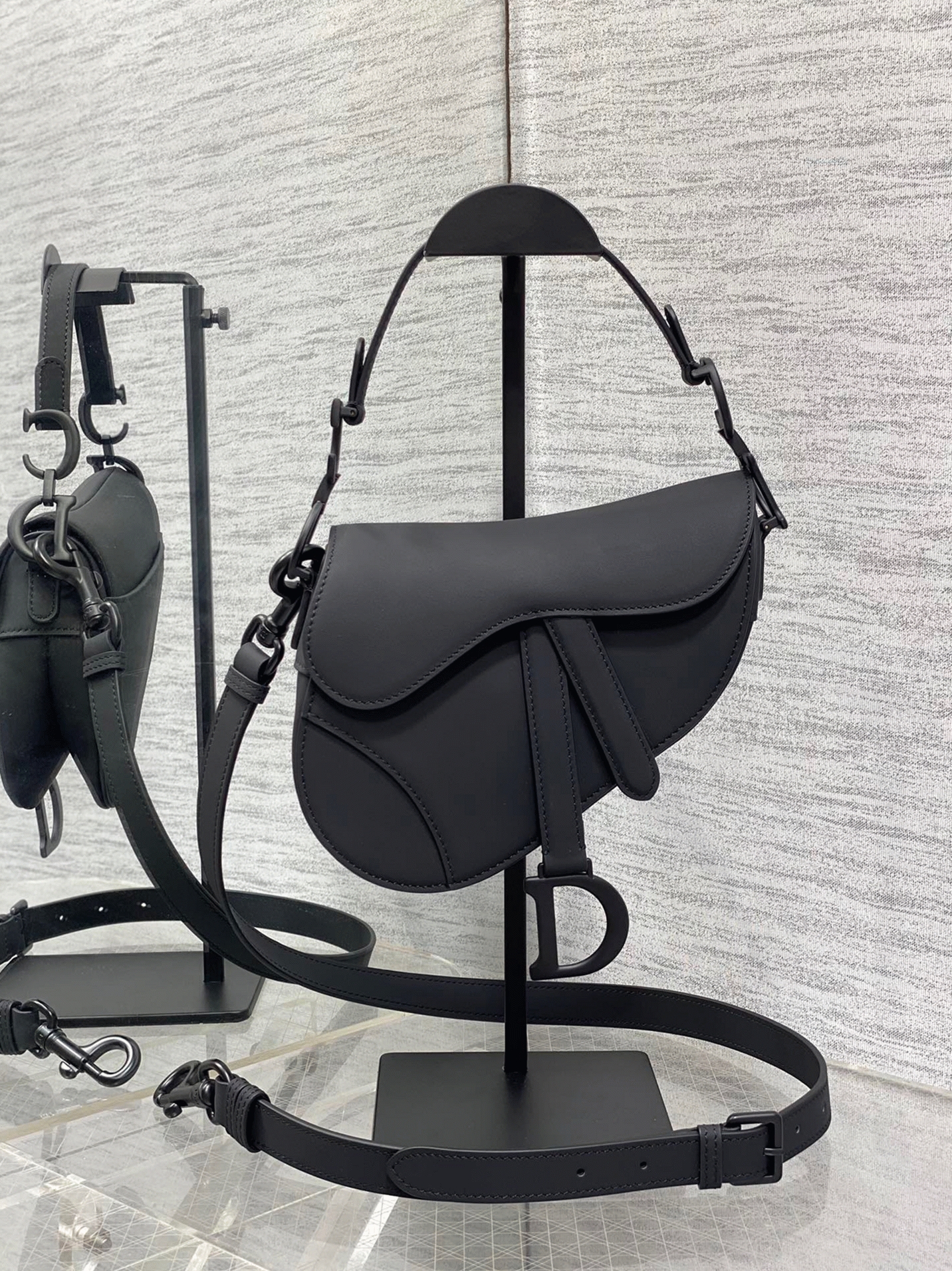 D10r Mini Saddle Bag Replica with Strap in Black Ultramatte Calfskin