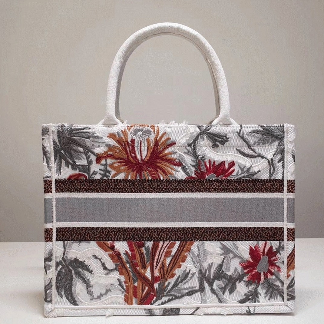 D10r Medium Book Tote Fake in White Camouflage with Multicolored