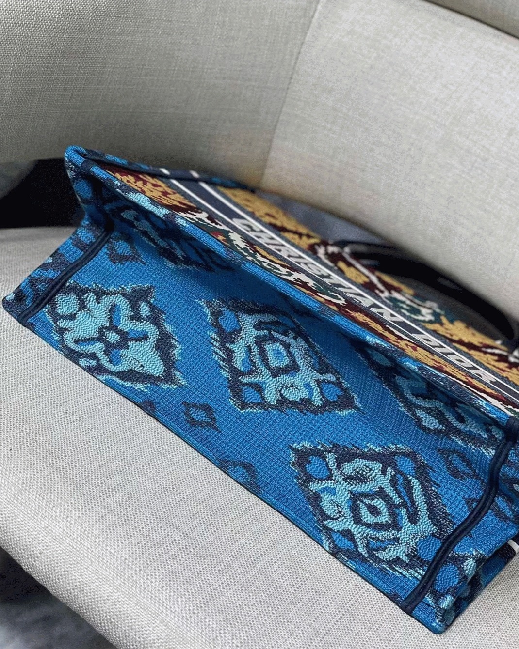 D10r Medium Book Tote Bag Replica in Blue Multicolor D10r Paisley Embroidery