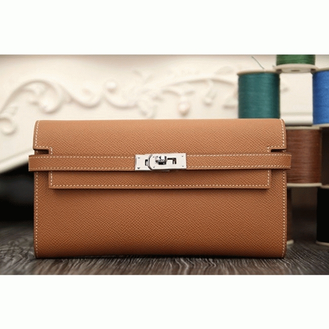 Brown fake designer H**me5 Kelly Longue wallet