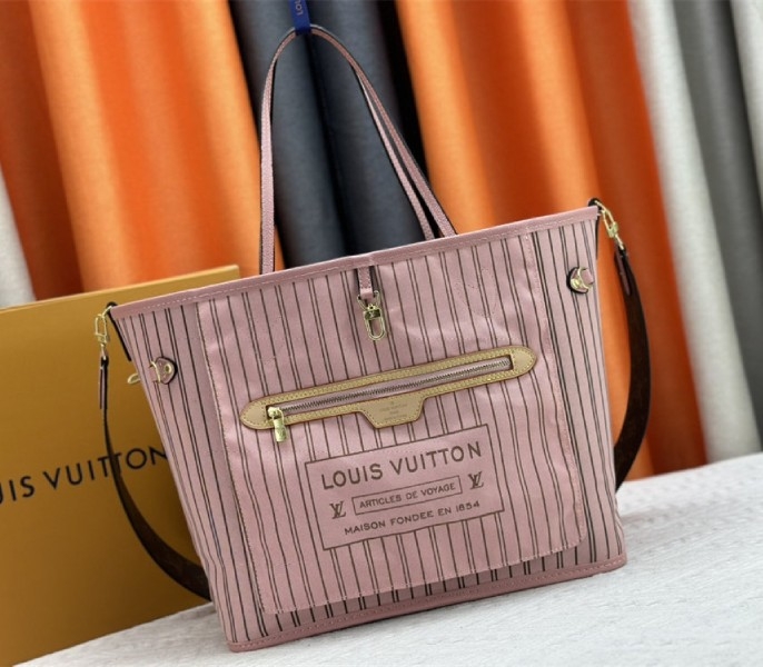 L0vis Vvtt0n Neverfull Bandouliere Inside Out MM Tote In Monogram Canvas And Peony Pink Textile And Leather