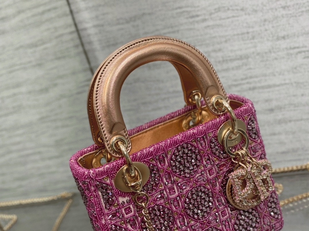 D10r Lady D10r Mini Chain Bag Fake in Satin with Pink Resin Pearl Embroidery