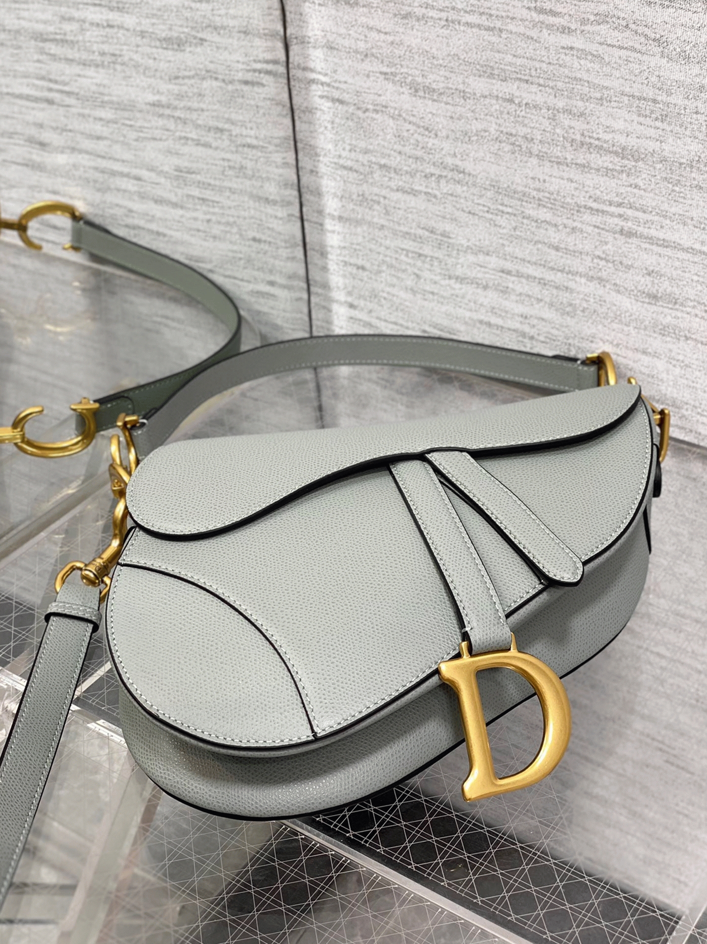 D10r Saddle Bag with Strap Fake in Grey Stone Grained Calfskin