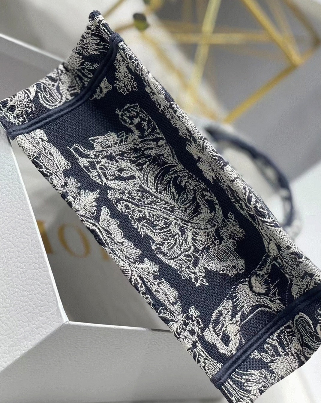 D10r Small Book Tote Bag Knockoff in Blue Toile de Jouy Reverse Embroidery