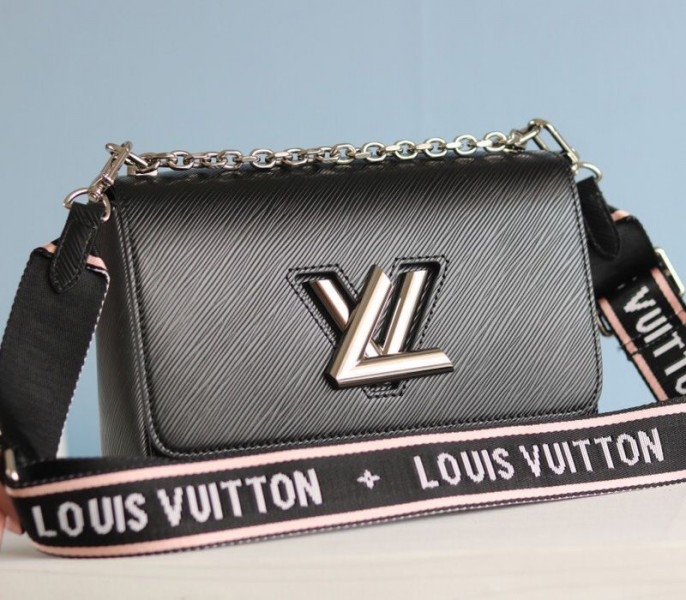 L0vis Vvtt0n Epi Leather Twist MM Bag In Black With Jacquard Strap