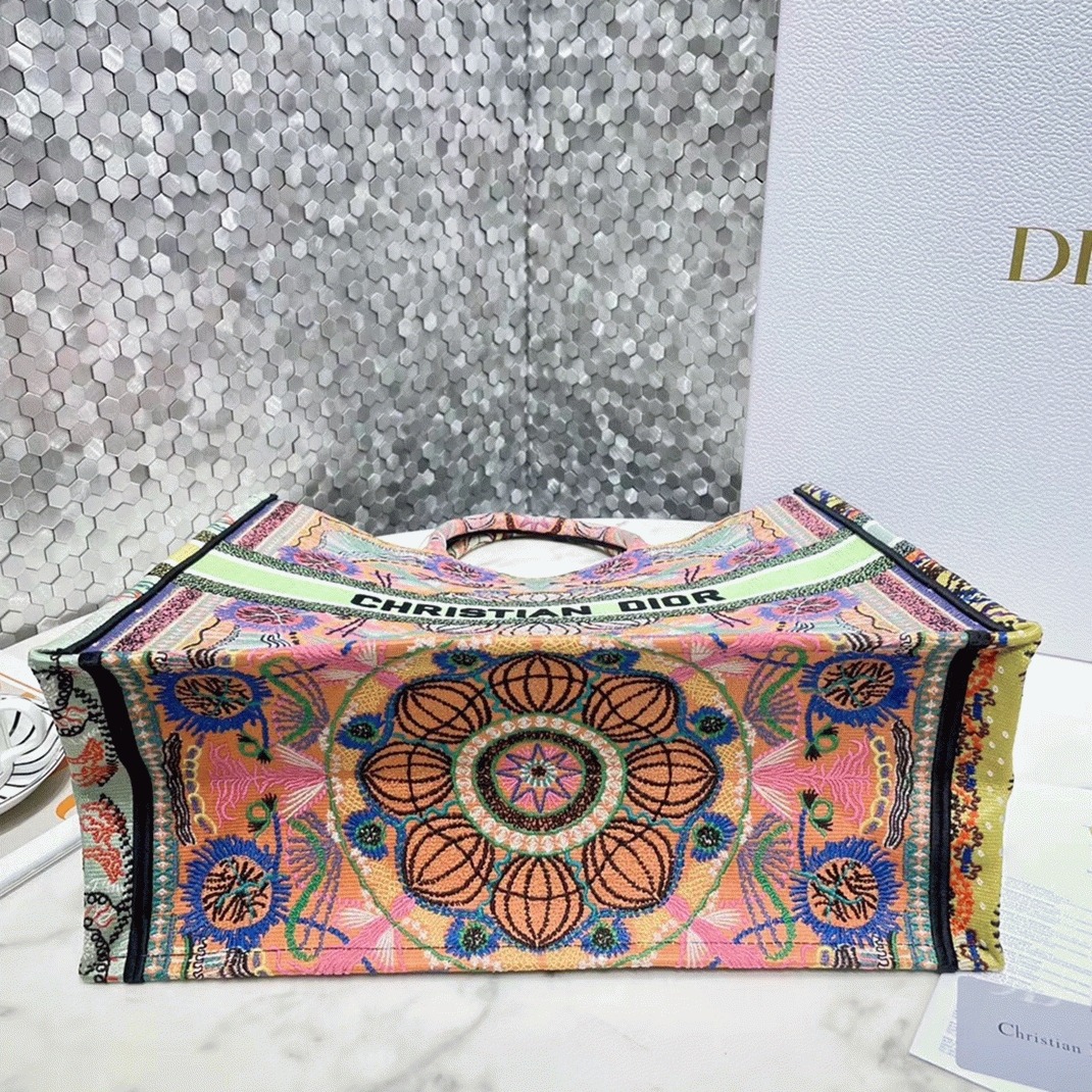 D10r Large Book Tote Bag Fake in Multicolor Lights Embroidery