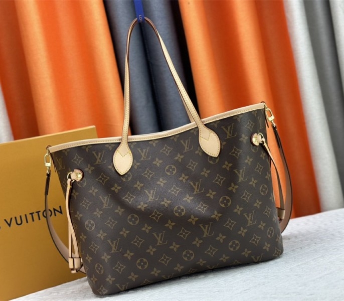 L0vis Vvtt0n Neverfull Bandouliere Inside Out MM Tote In Monogram Canvas And Stamped Beige Textile