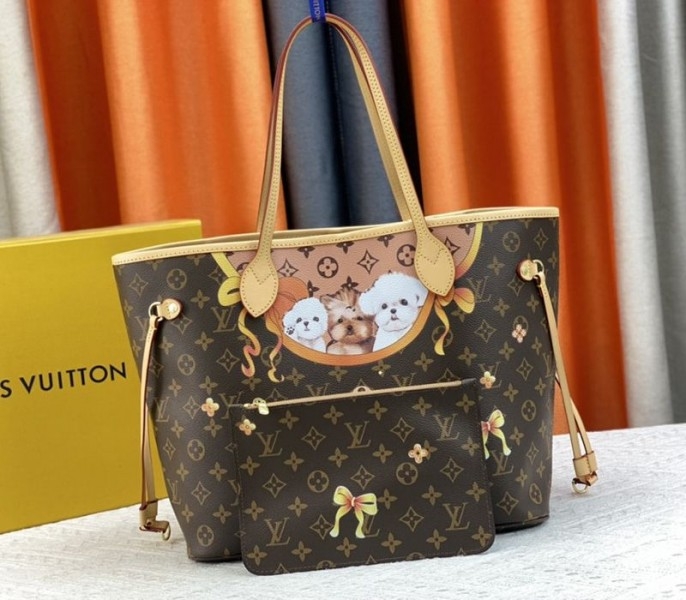L0vis Vvtt0n Monogram Canvas Neverfull MM Tote With Puppies