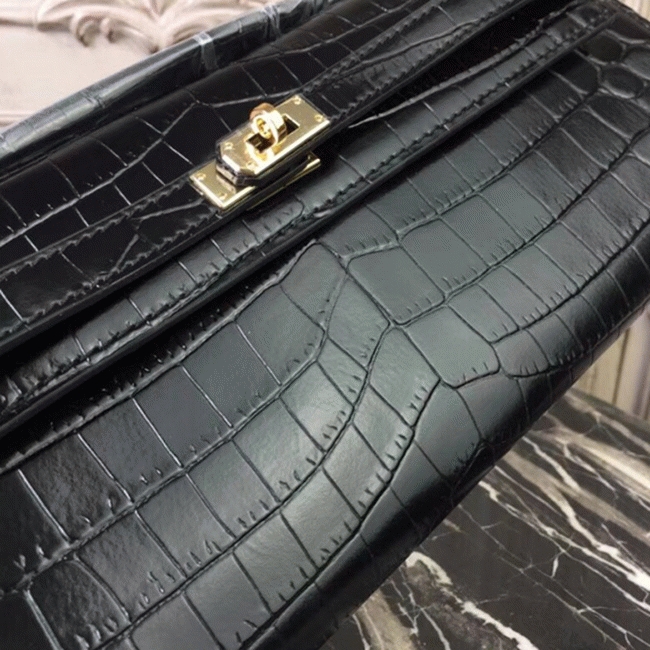 Black Crocodile Replica H**me5 Kelly Cut Clutch Exotic Skin Bag
