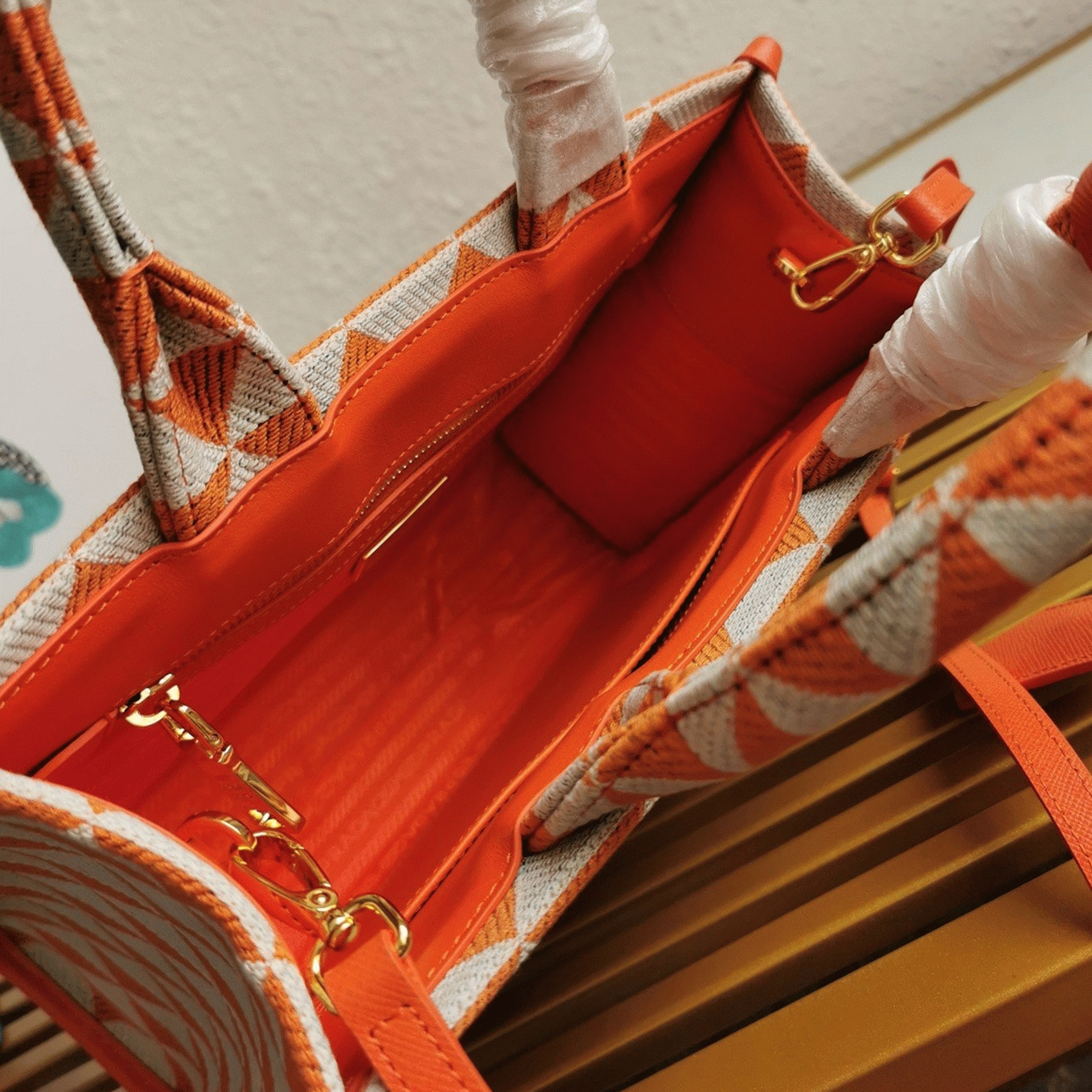 Pra*a Symbole Small Bag Fake in Orange/White Jacquard Fabric