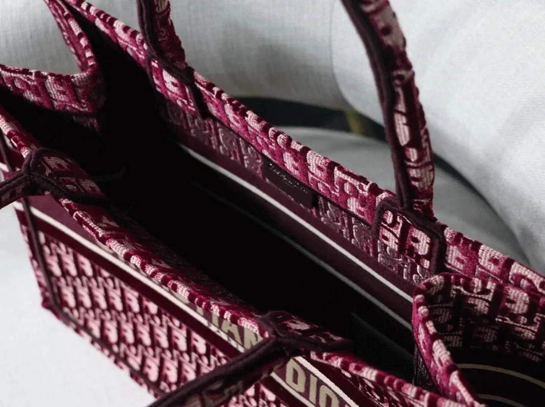 D10r Medium Book Tote Bag Replica in Bordeaux Velvet Oblique Embroidered