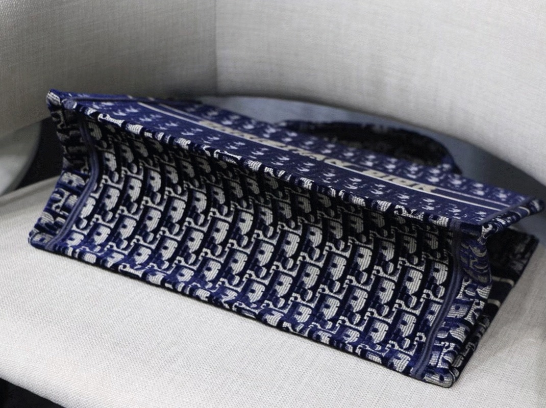 D10r Medium Book Tote Bag Knockoff in Blue Velvet Oblique Embroidered