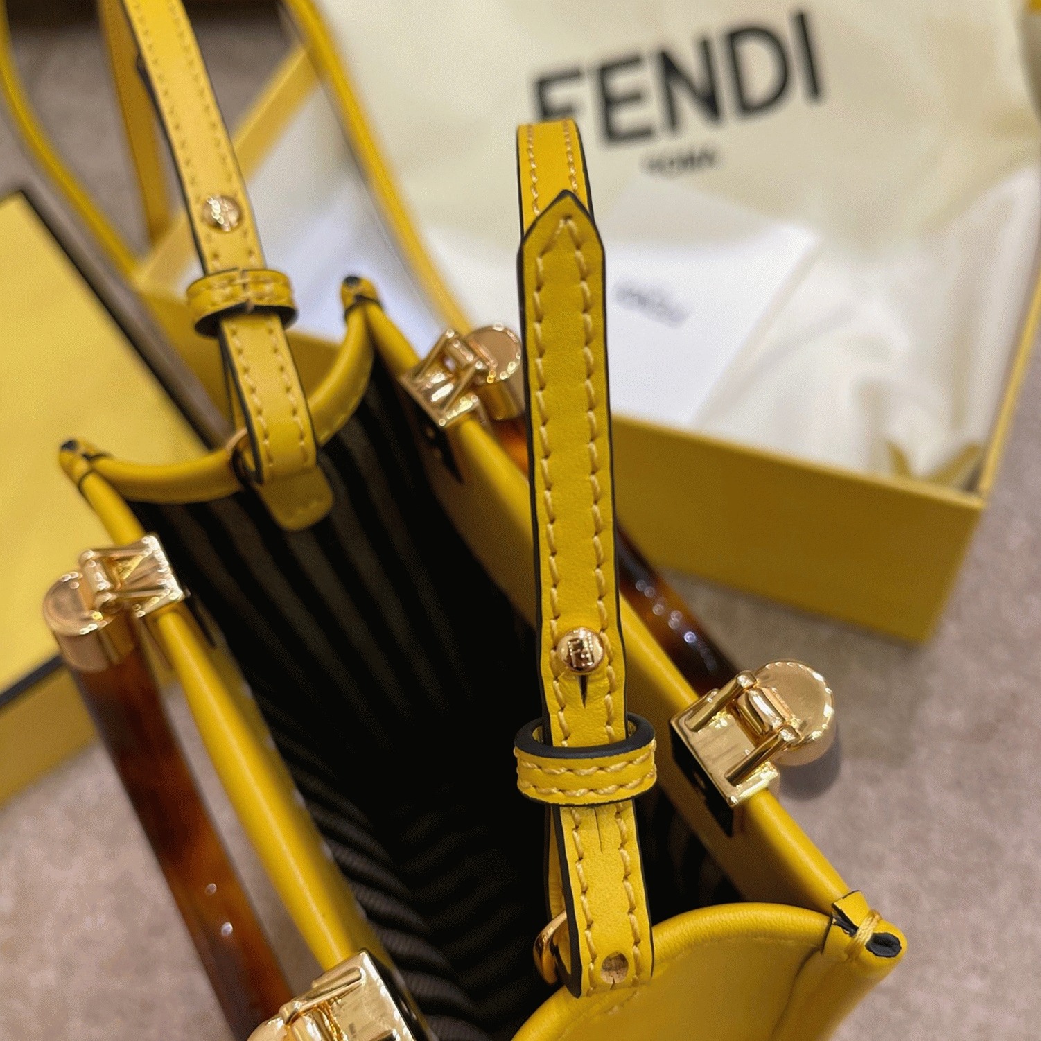 Top Quality Fake F**di Mini Sunshine Shopper Bag In Yellow Leather