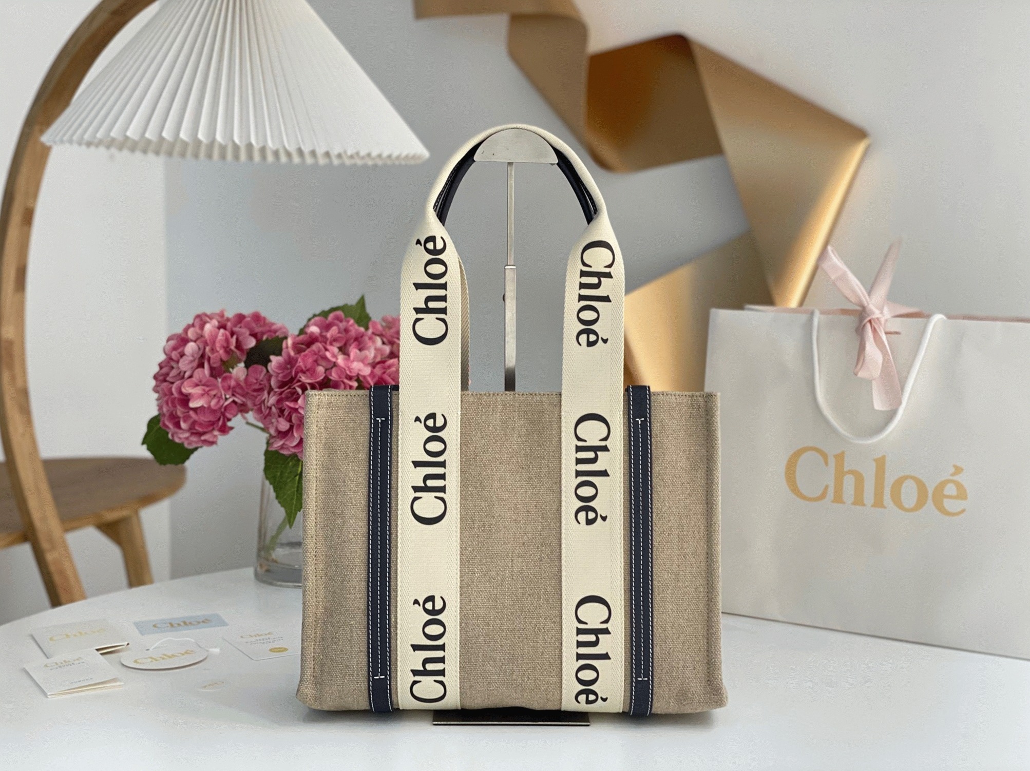 top quality faux Ch10e woody medium tote bag in linen canvas with navy blue leather