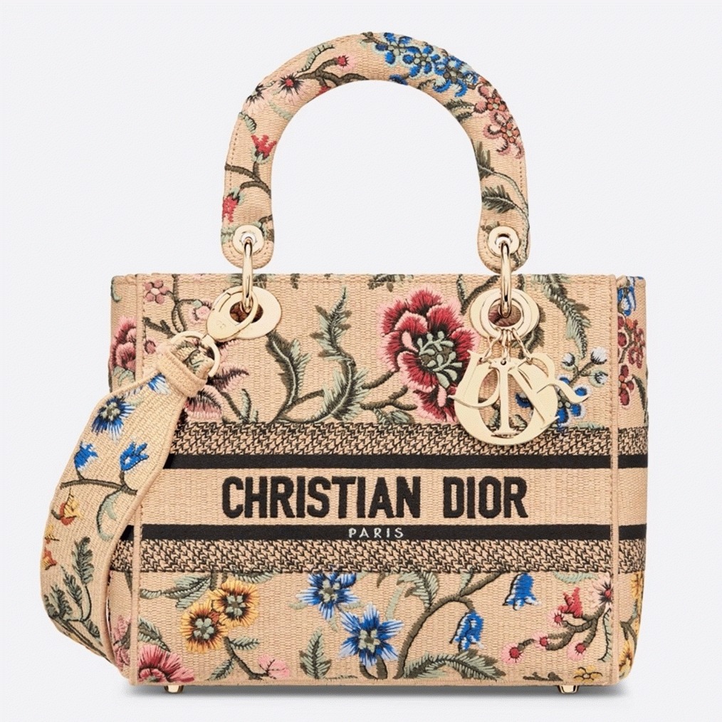 D10r Lady D-Lite Medium Bag Fake in Beige Raffia Embroidered with D10r Petites Fleurs
