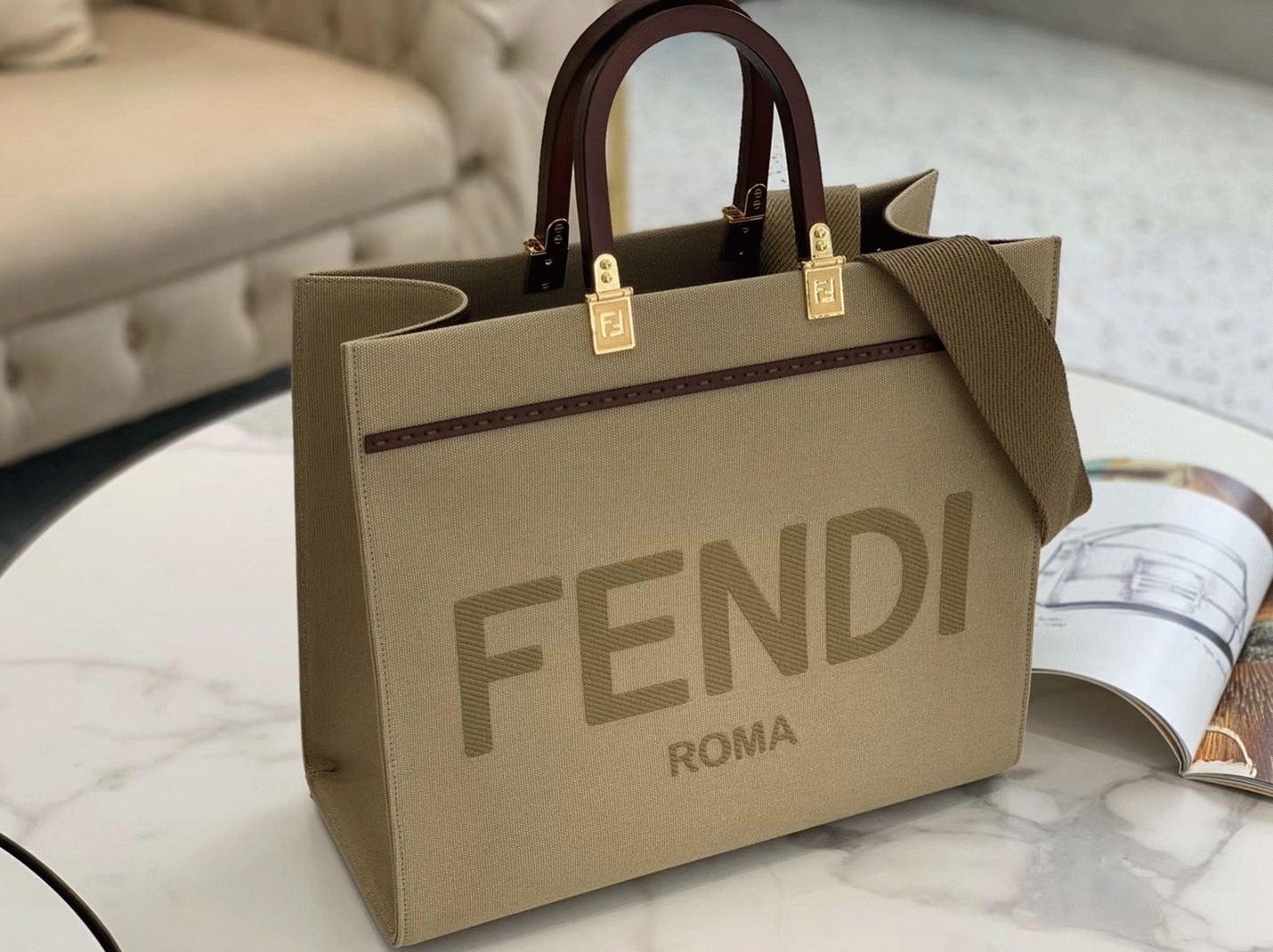 Top Quality Fake F**di Sunshine Medium Tote Bag In Beige Canvas