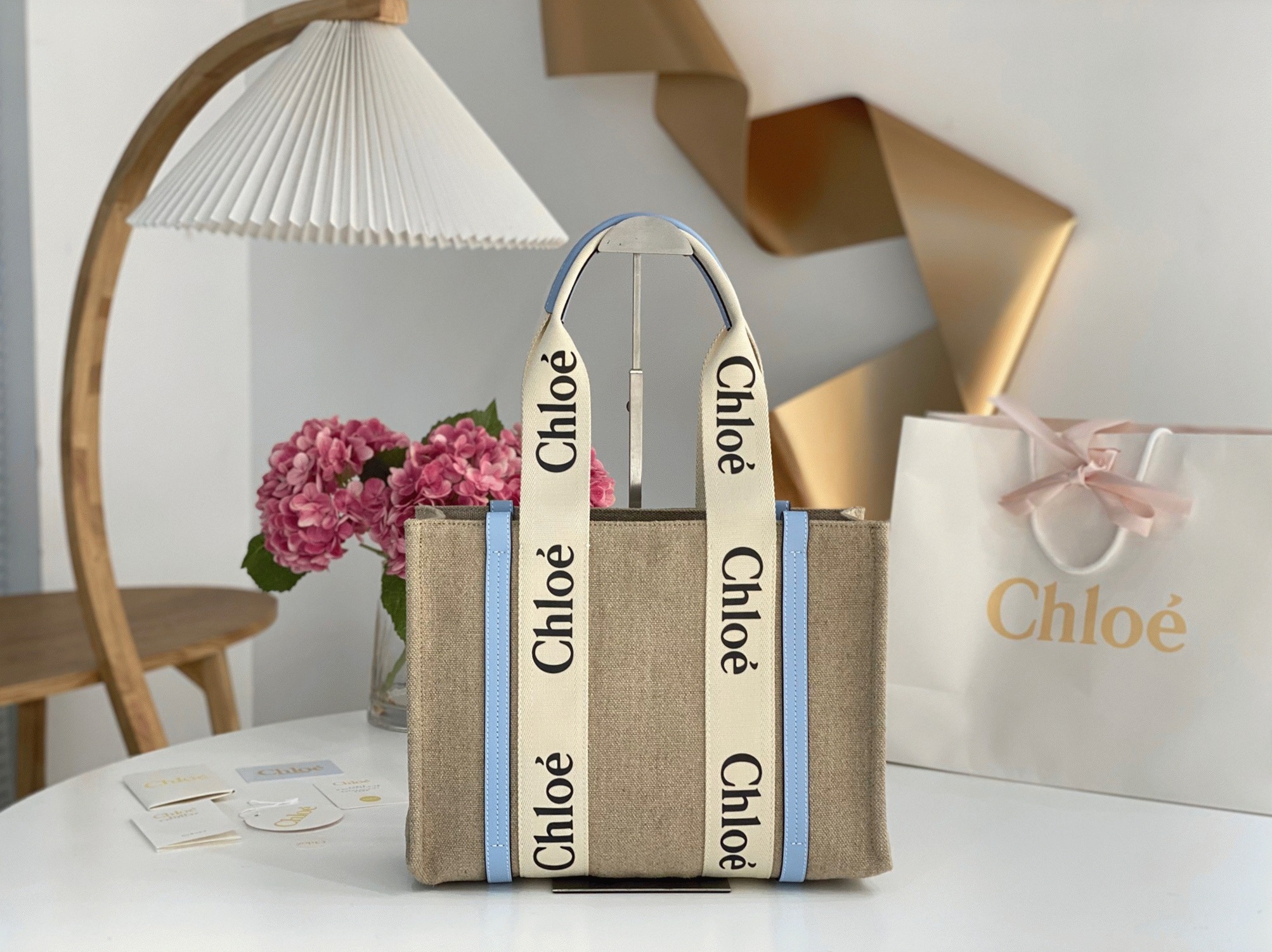 top quality replica Ch10e woody medium tote bag in linen canvas with blue leather