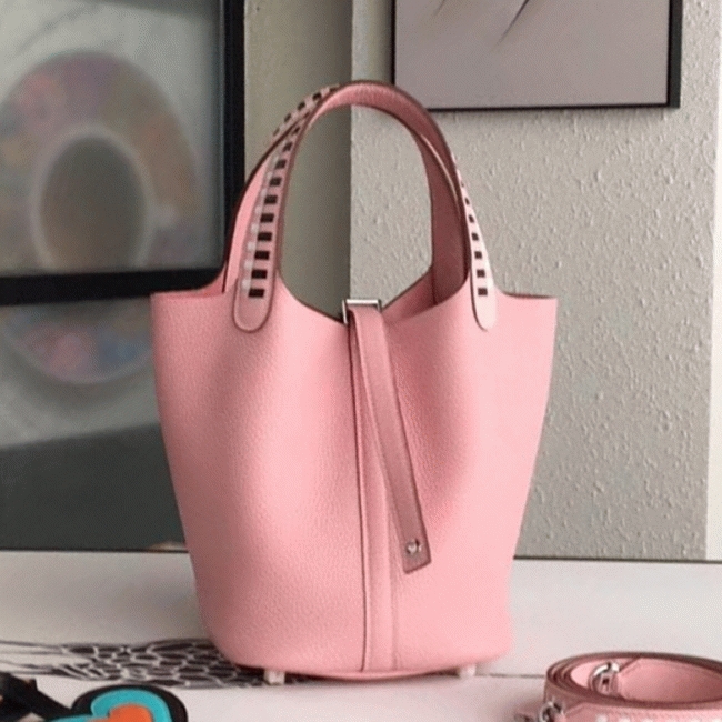 Pink H**me5 Picotin Lock 18cm handbag with braided handles replica